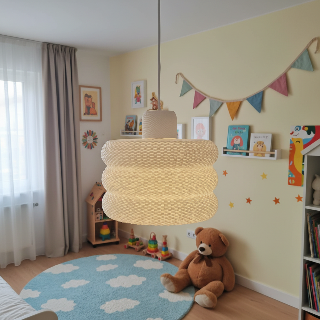 Warm pendant lamp in a children’s bedroom with toys, a bookshelf, and pastel colors.