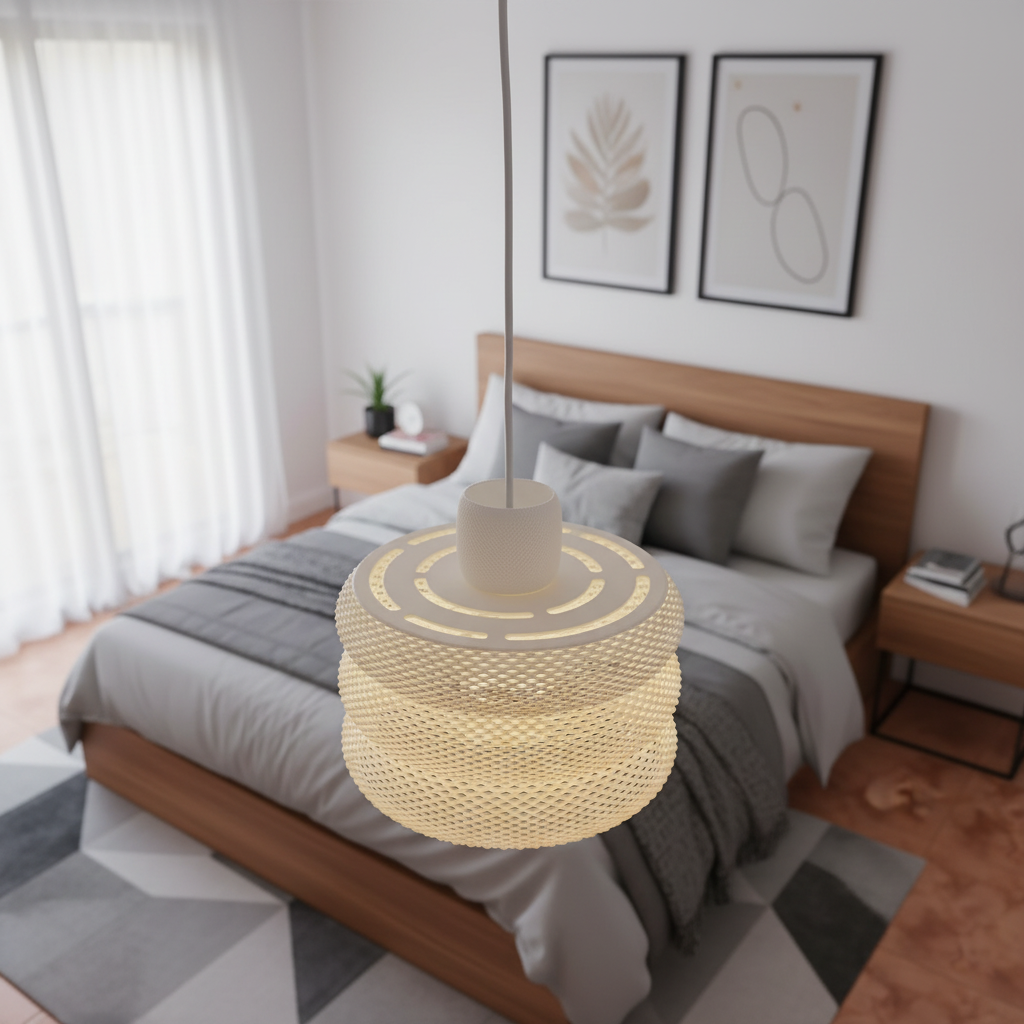 Woven designer pendant lamp above a modern bed in a bright Scandinavian bedroom.