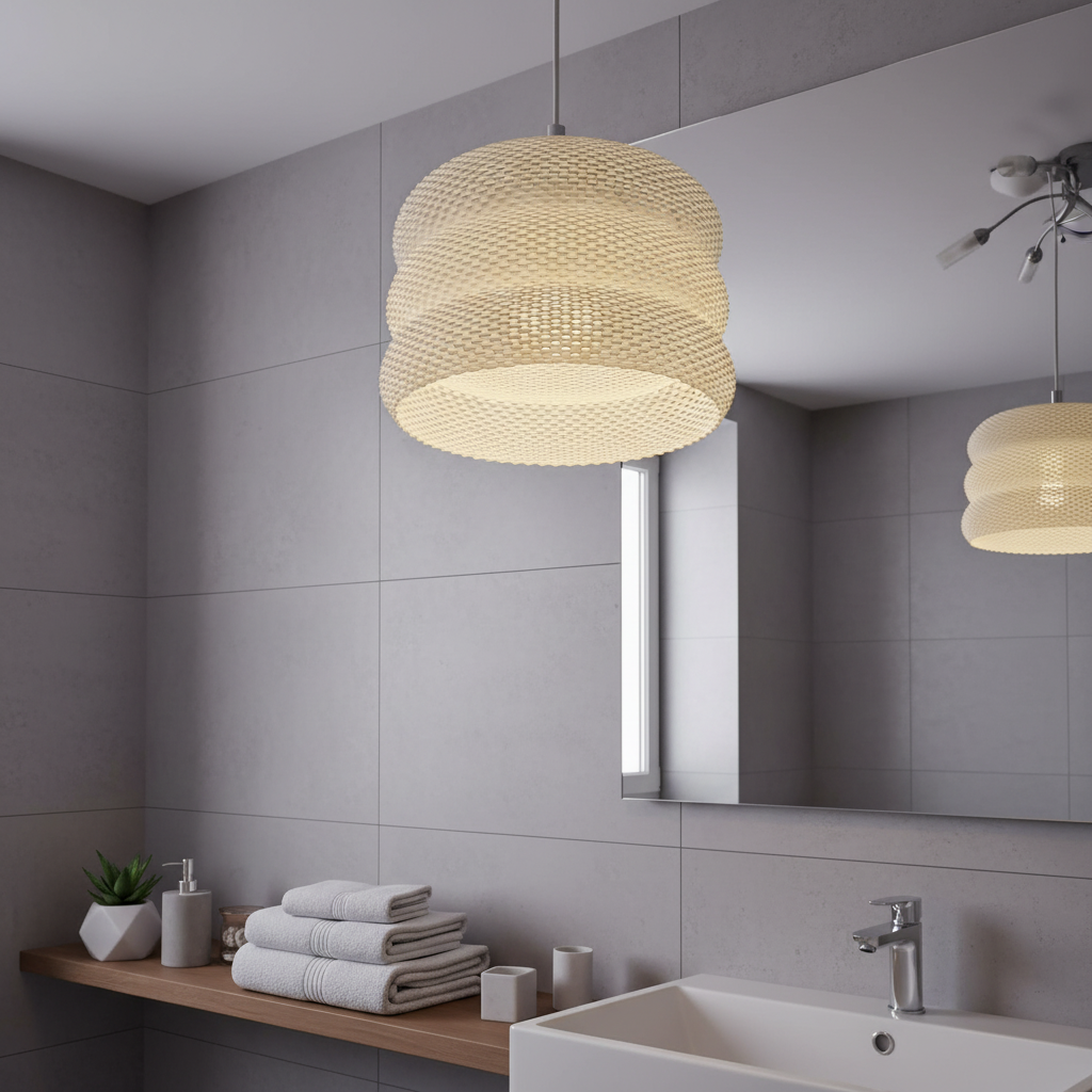 Textured pendant lamp in a modern bathroom above a sink and mirror.