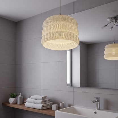 Textured pendant lamp in a modern bathroom above a sink and mirror.