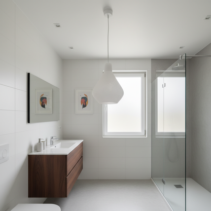 Minimalist pendant light featuring a woven lampshade and soft illumination