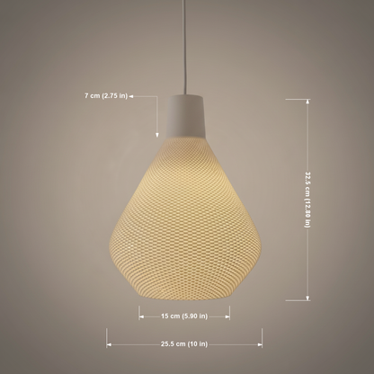 Product image of a woven pendant lamp with dimensions and measurements.
