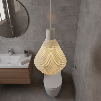 Woven pendant lamp providing warm light above a toilet in a modern bathroom