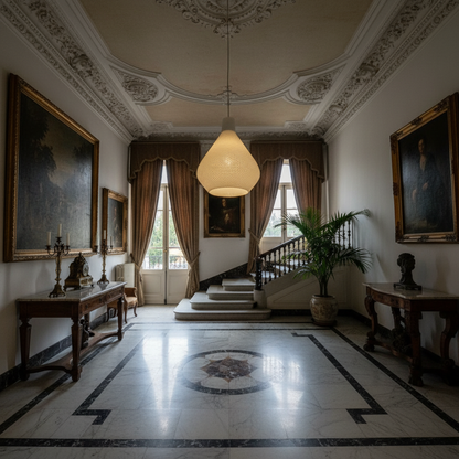 Soft glowing woven pendant lamp suspended from the ceiling
