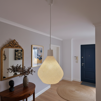 Natural fiber pendant lamp creating cozy atmospheric lighting