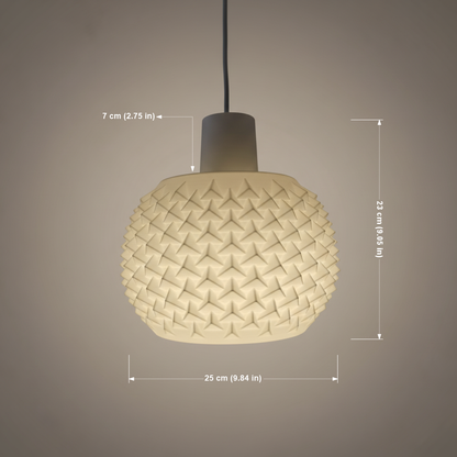 Product image of a white geometric pendant lamp with dimensions labeled, showing height and width measurements.