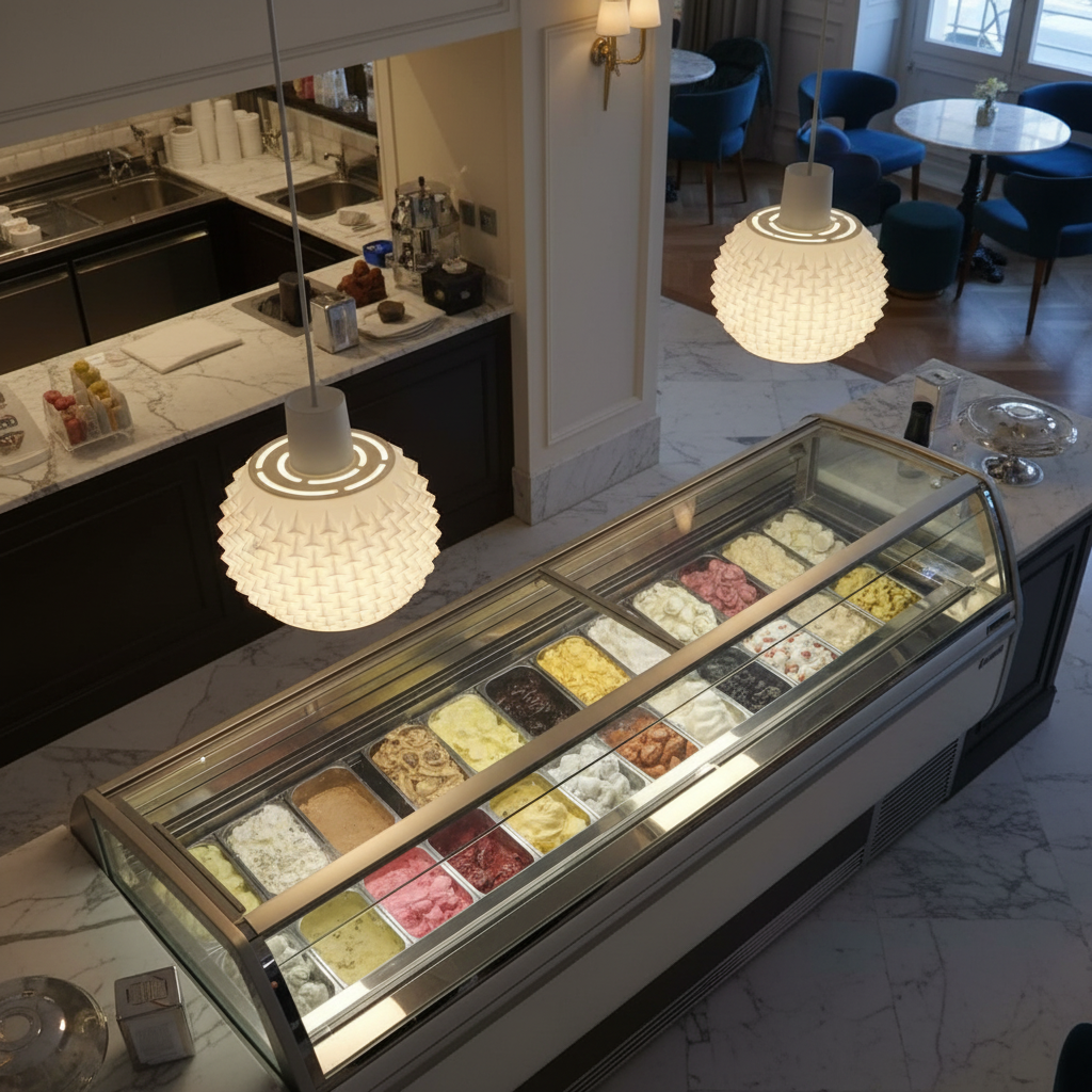 Textured white pendant lamp hanging above a gelato display counter in a modern ice cream shop.