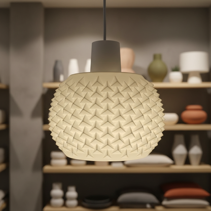White patterned pendant light displayed in a modern interior with shelves and ceramic decor.