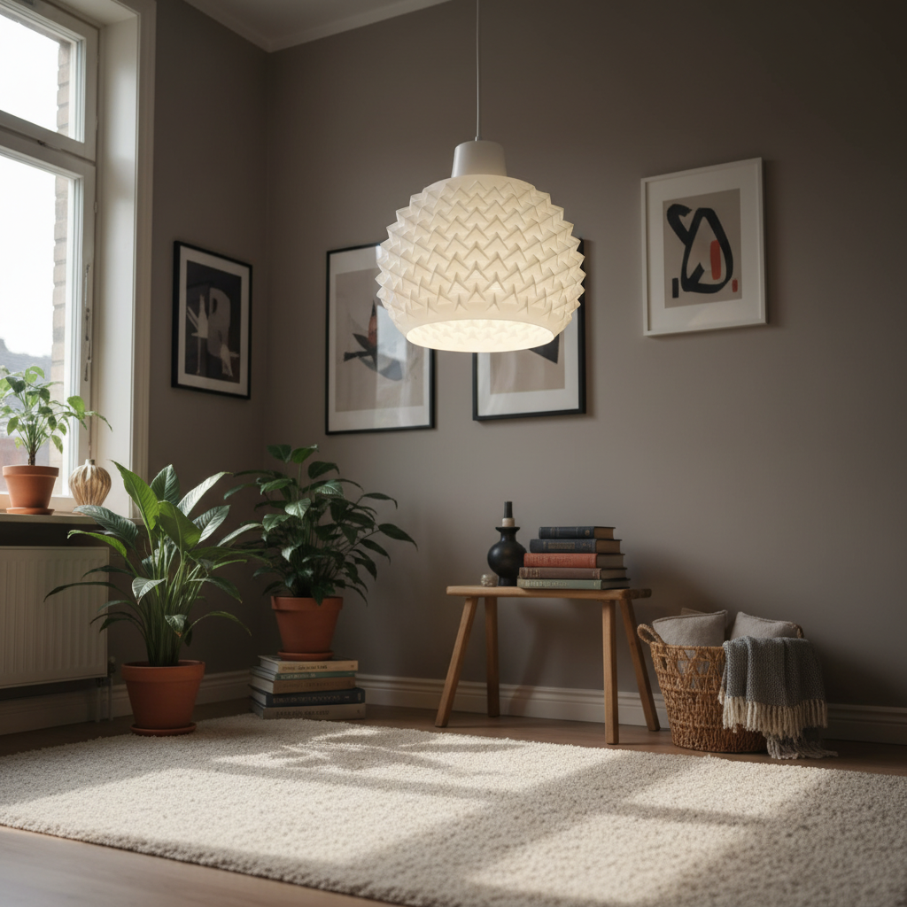 Textured white ceiling pendant light in a cozy living room with plants, artwork, and neutral tones.
