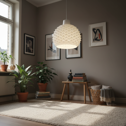 Textured white ceiling pendant light in a cozy living room with plants, artwork, and neutral tones.