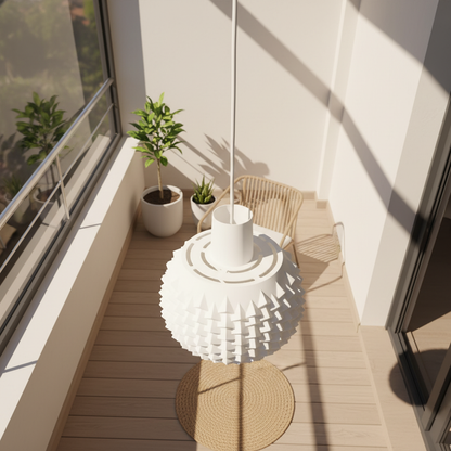 White sculptural pendant light hanging above a sunlit balcony with wooden floor and potted plants.