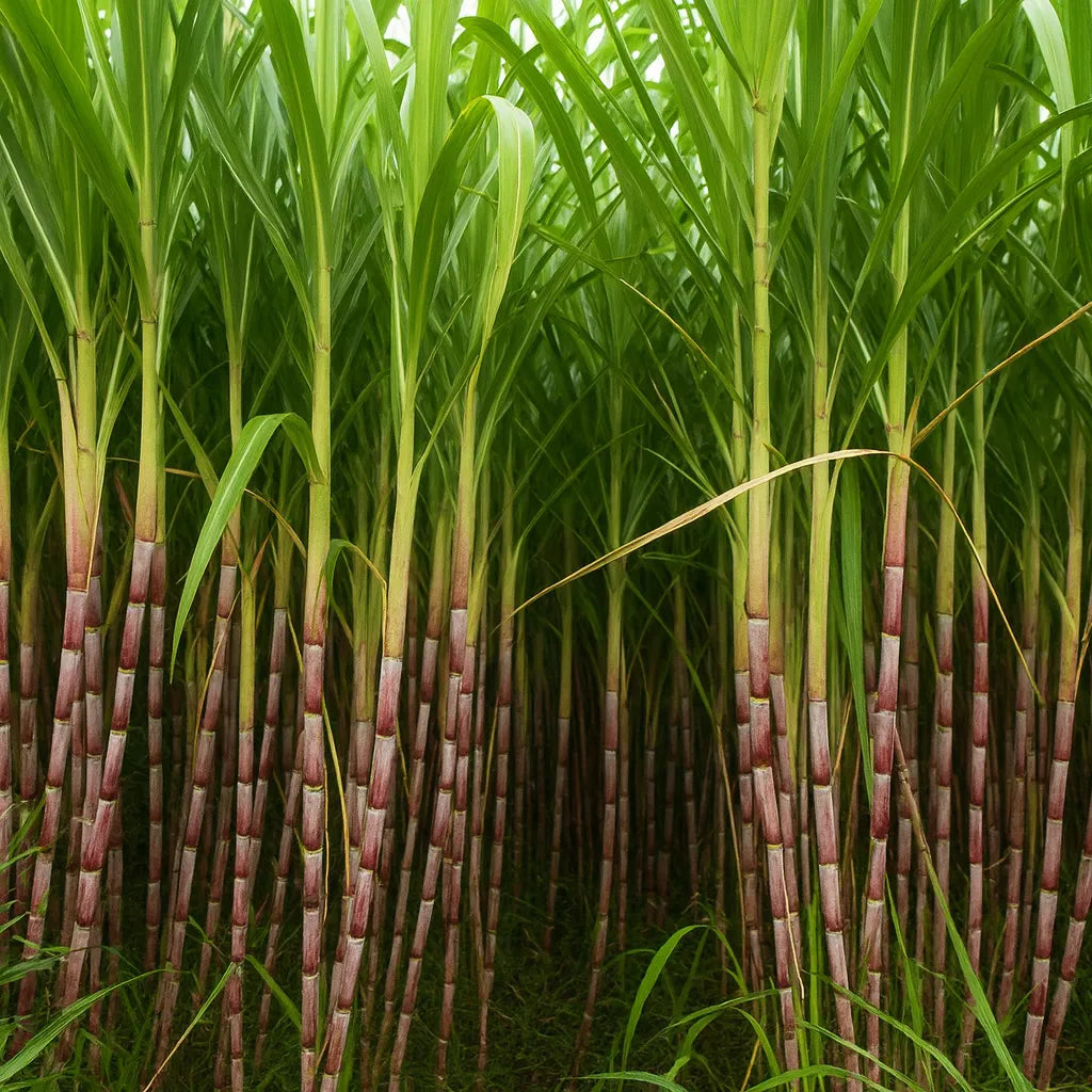 Close-up of a sugarcane plant with green leaves and purple-brown stalks.