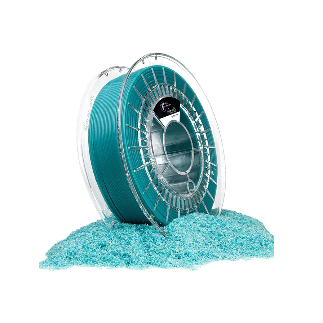 Spool of teal filament on a white background