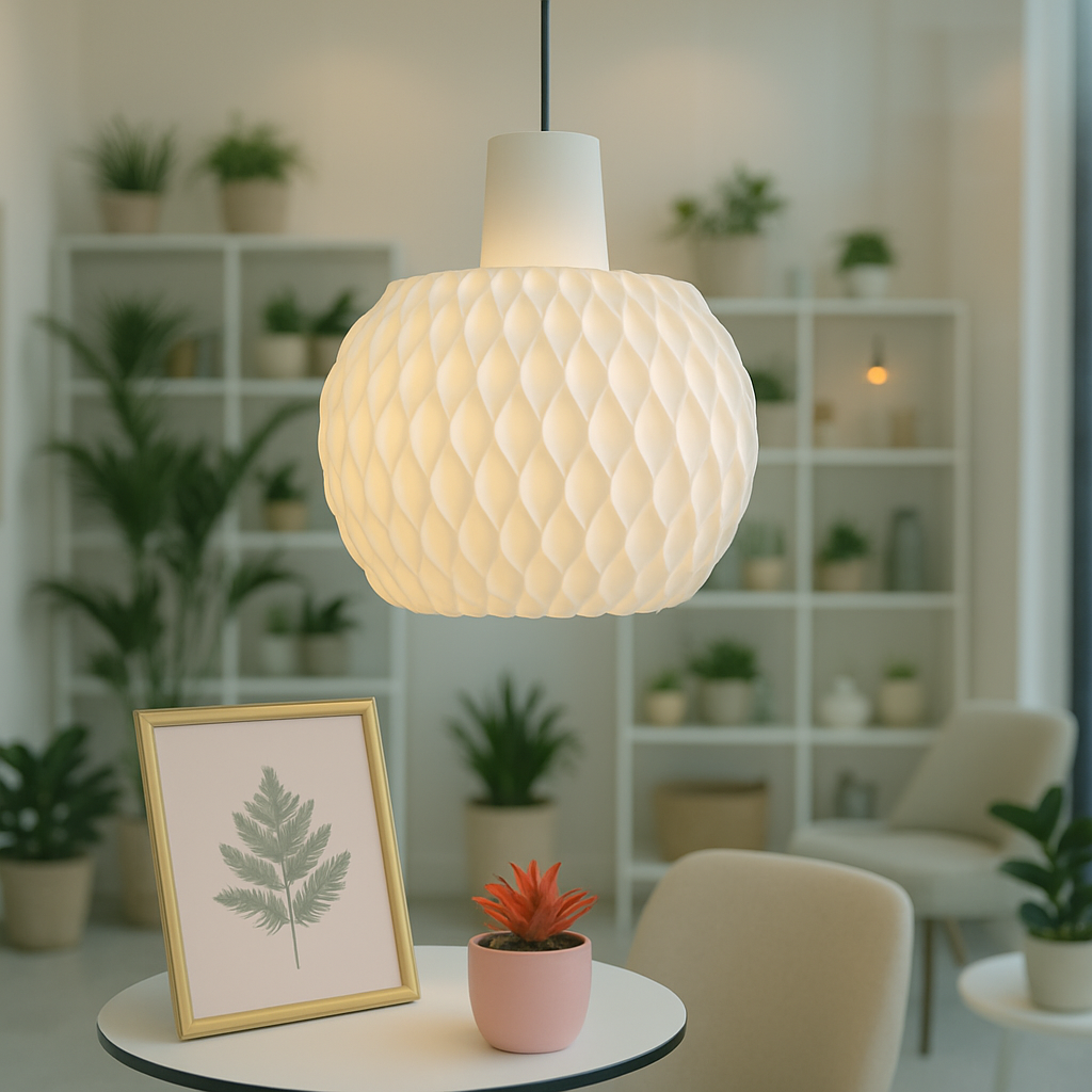 Decorative pendant light in a room with plants and a shelf
