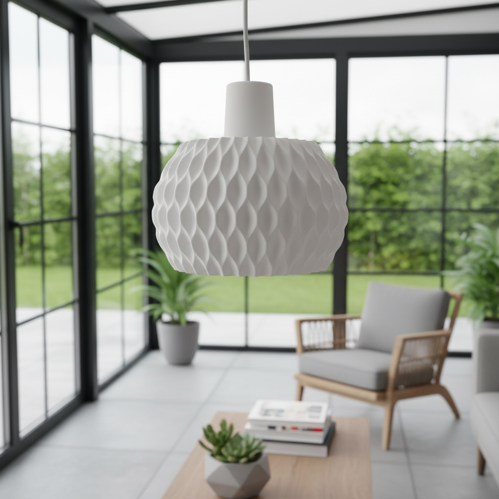 Modern living room with a textured pendant light fixture.