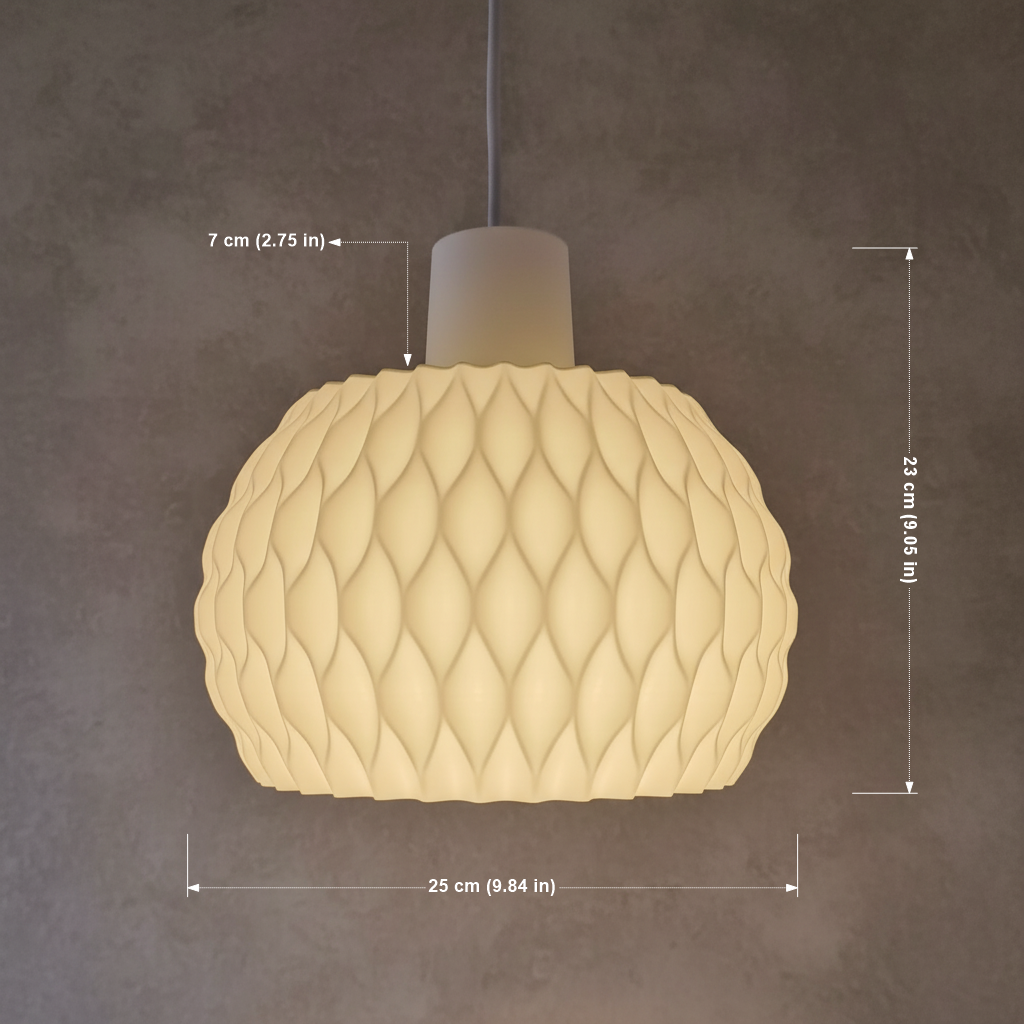 Pendant light with textured design and measurements on a dark background