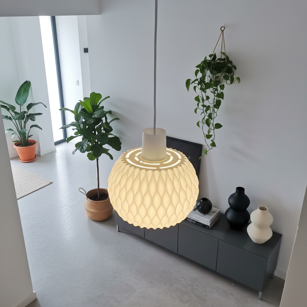 Modern pendant light in a room with plants and decorative items
