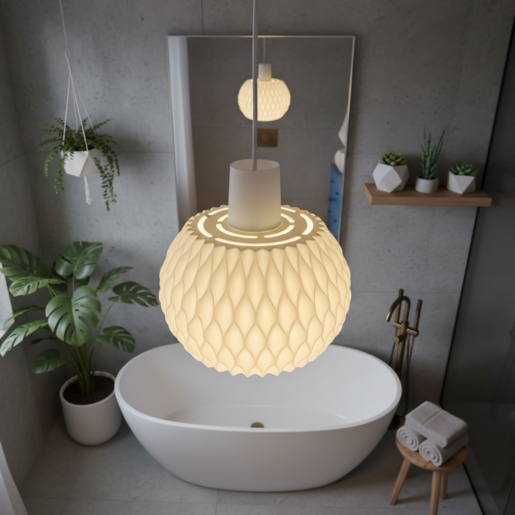 Modern bathroom with a textured pendant light, white bathtub, and decorative plants.