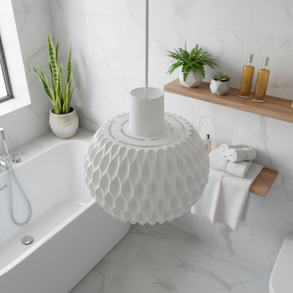 Modern bathroom with a white textured pendant light, bathtub, and shelves with plants and towels.