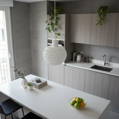 Modern kitchen with white countertops and gray cabinets