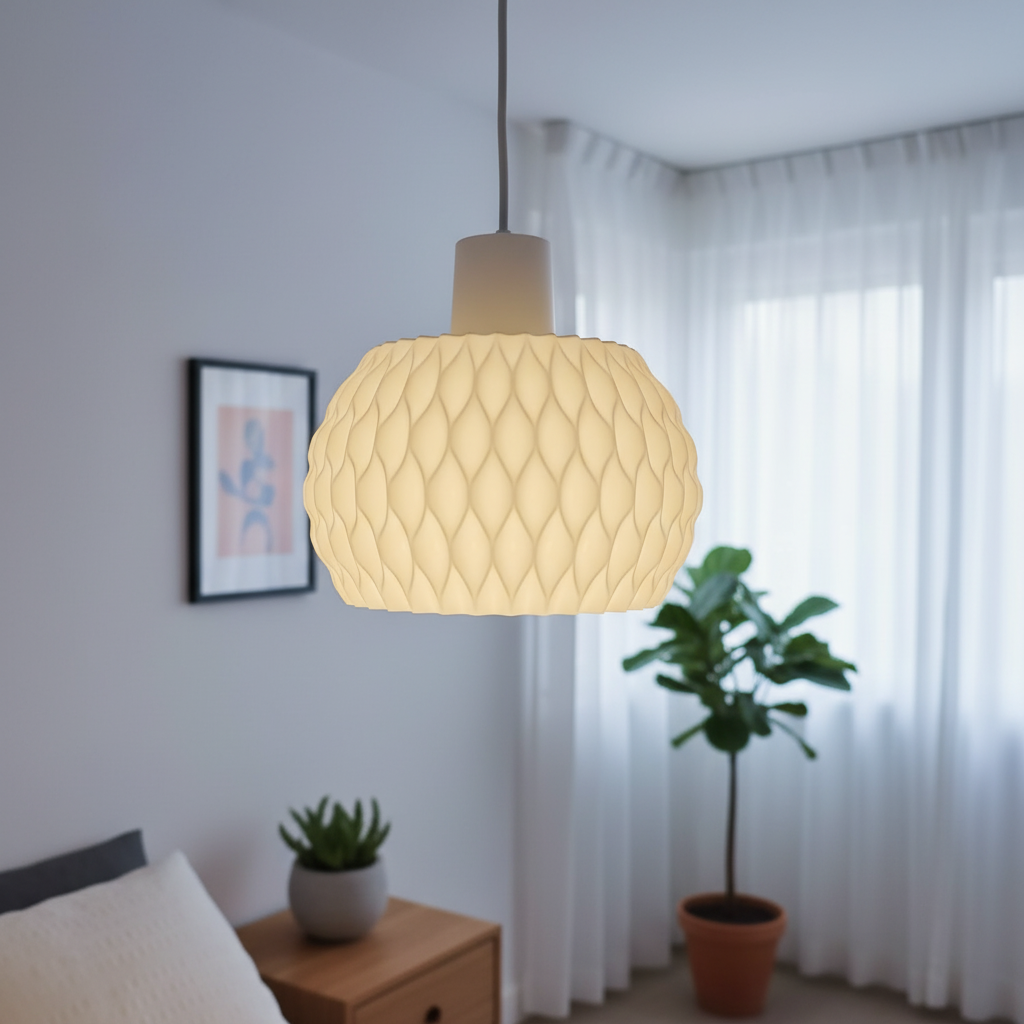 Decorative pendant light in a room with plants and a bed.