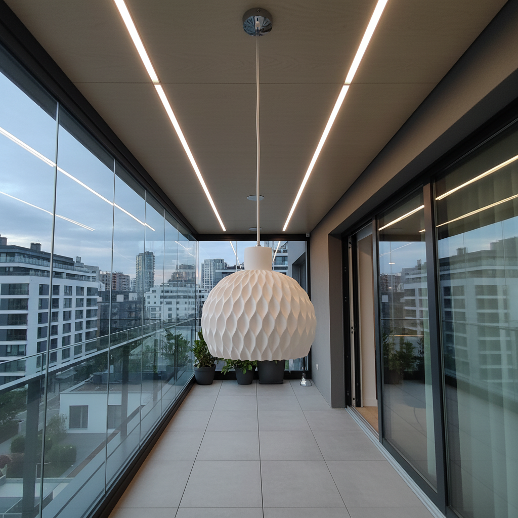Modern interior with a textured pendant light hanging in front of large glass windows with cityscape view.
