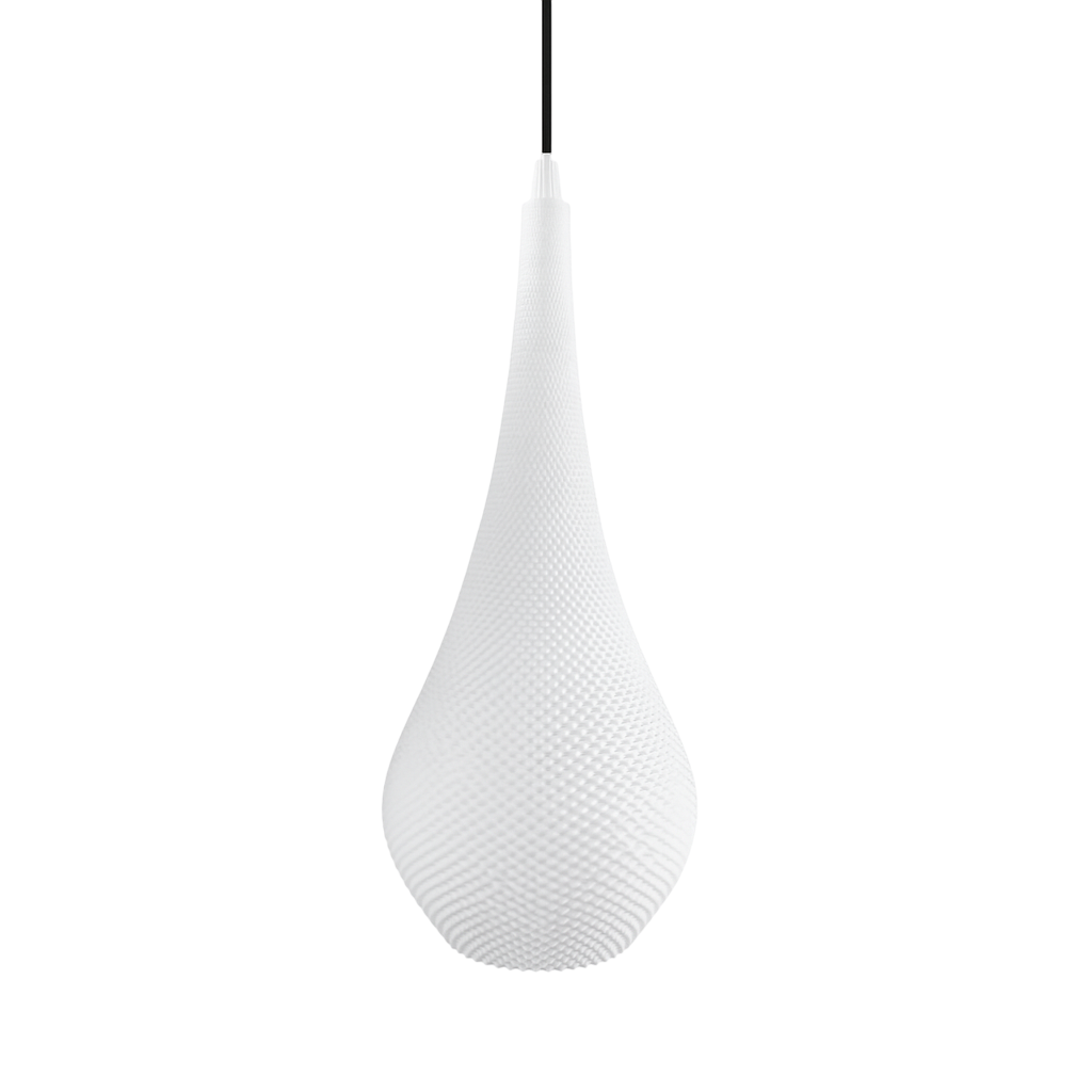 White teardrop-shaped pendant light on a white background