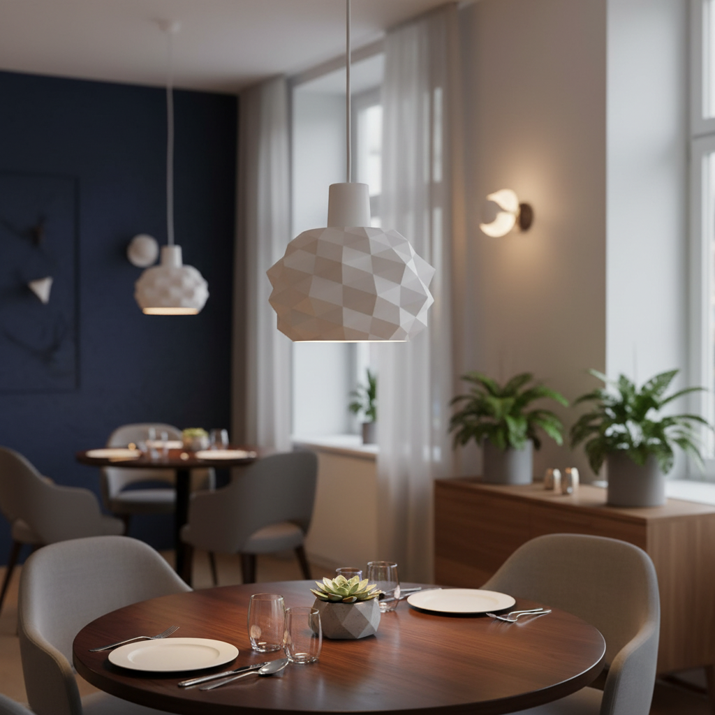 Modern dining room with a white geometric pendant lamp hanging above a round wooden table.