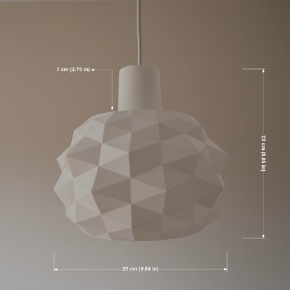 Product image of a white geometric pendant lamp with dimensions labeled, showing height and width measurements.