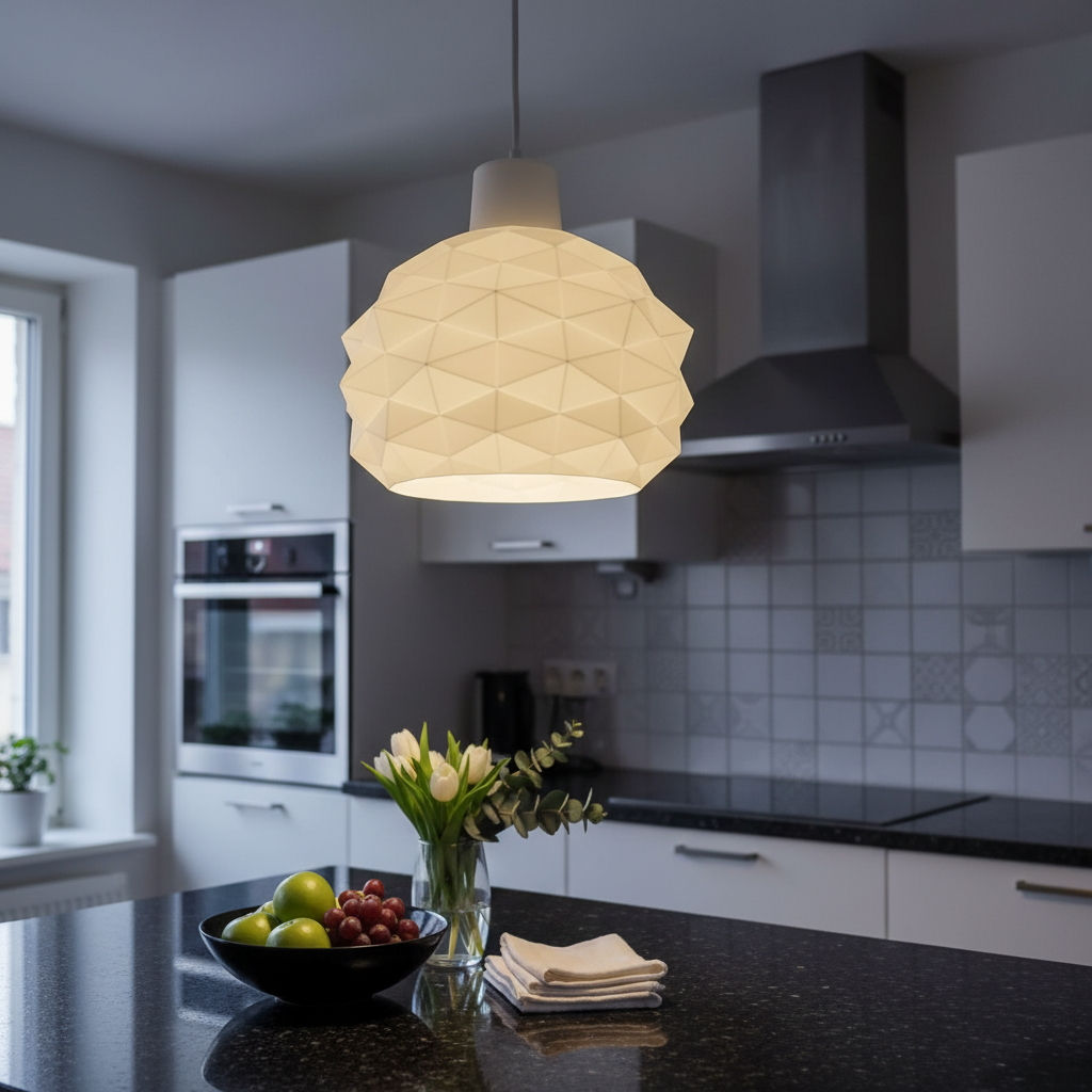White geometric pendant light with a faceted shade hanging above a modern kitchen island with fruit bowl and flowers.