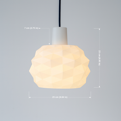 Pendant light with geometric glass shade and dimensions on a gray background