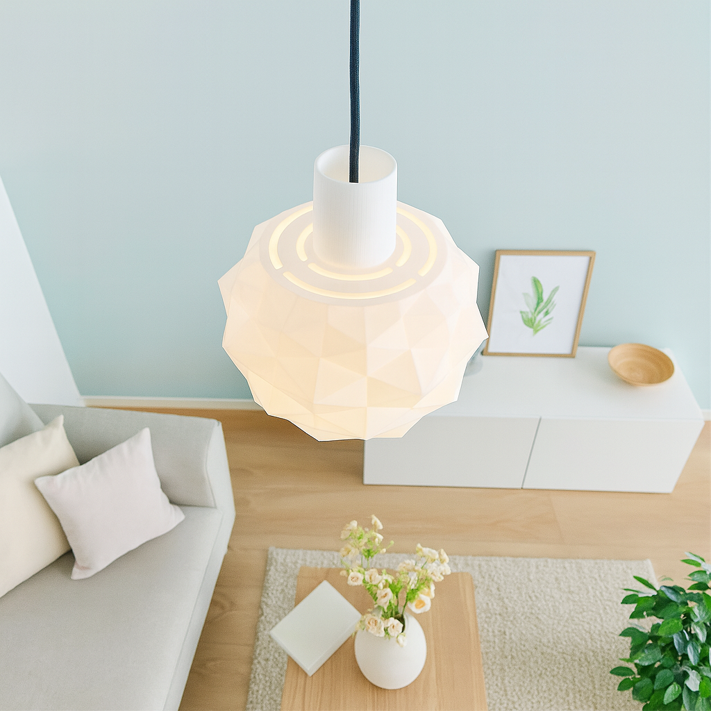 Modern pendant light in a living room setting with a neutral color palette.