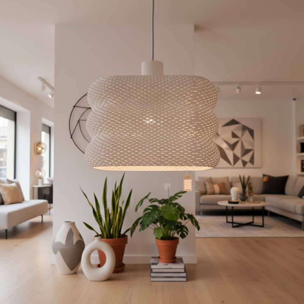 Soft-glow pendant light with sculptural form in a calm, minimalist home interior