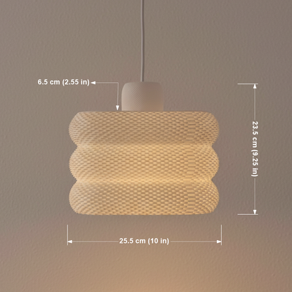 Pendant lamp with layered textured shade shown with dimensions and measurements diagram