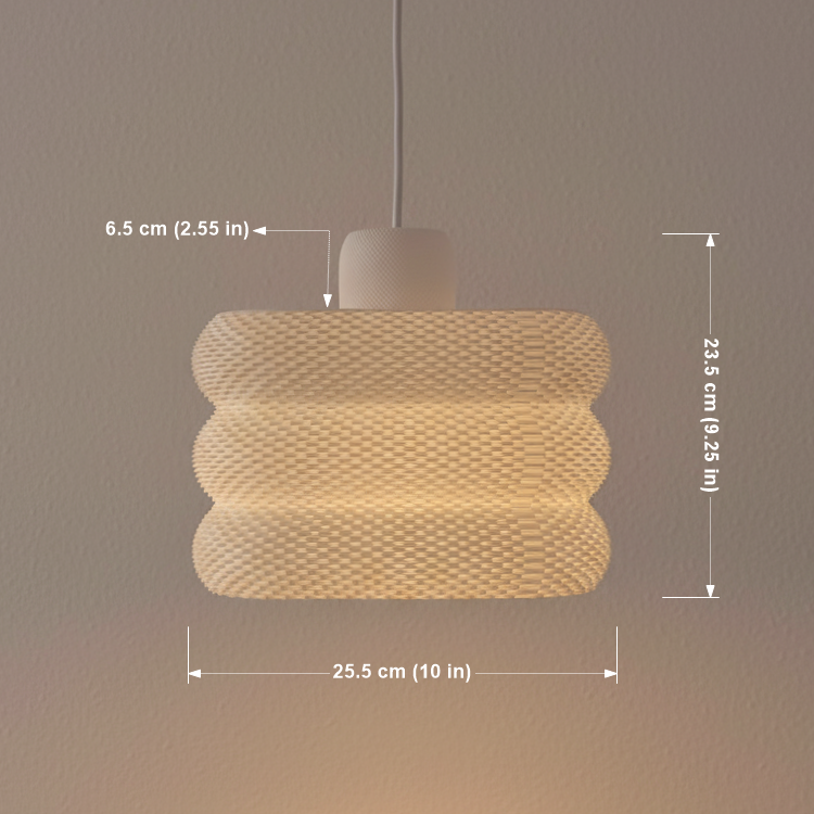Pendant lamp with layered textured shade shown with dimensions and measurements diagram