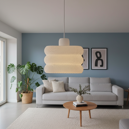 Minimalist woven pendant light creating warm ambient lighting in a contemporary interior