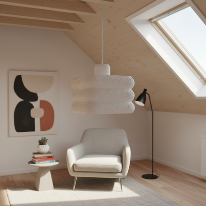 Contemporary pendant lamp suspended over a clean, modern living room setting