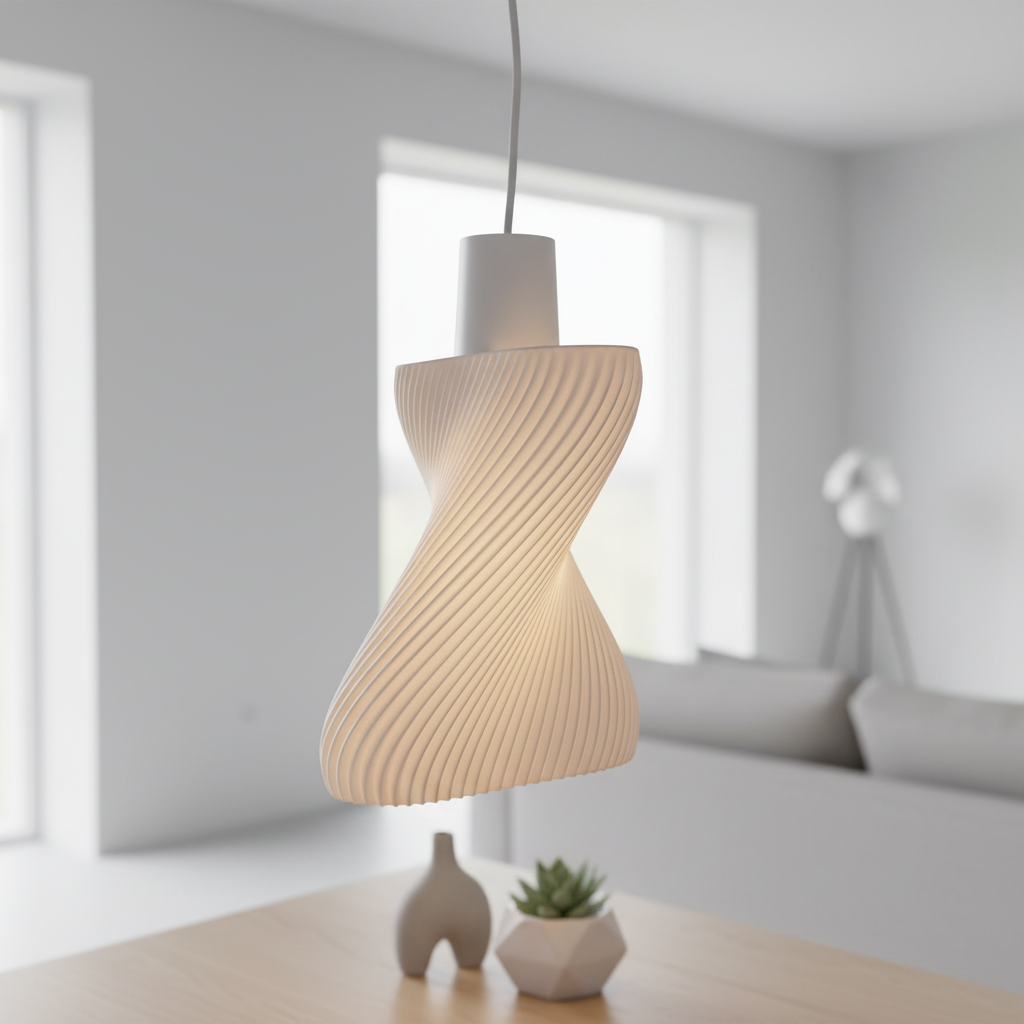 Sculptural spiral pendant light hanging above a wooden table in a bright minimalist interior.