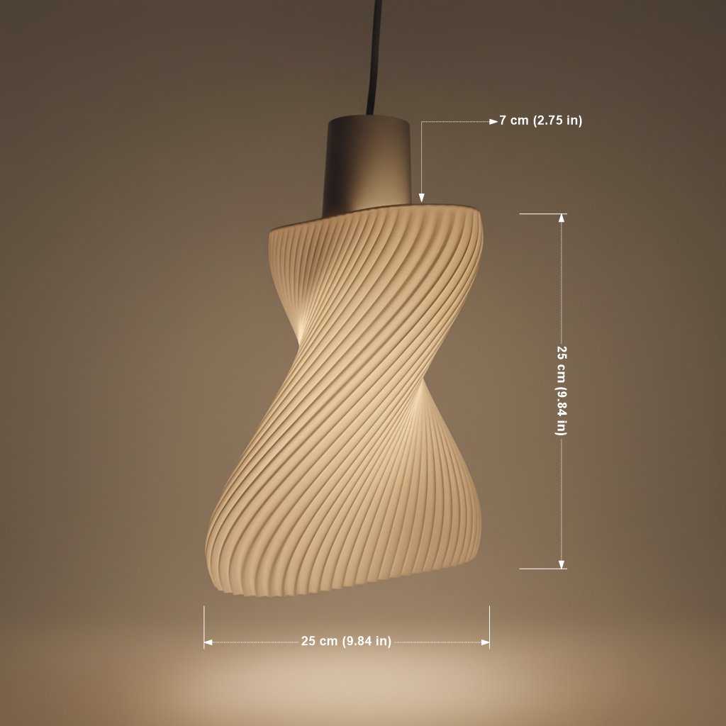 Twisted spiral ribbed pendant lamp with warm diffused glow, 25 cm tall and 25 cm wide (9.84 in)