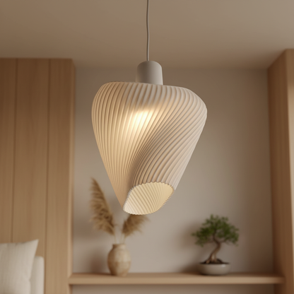 Twisted ribbed pendant lamp with warm glow hanging in a minimalist room with light wood panels and neutral decor.