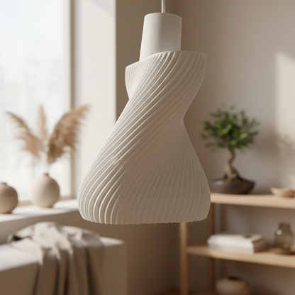 White twisted ribbed pendant lamp in soft daylight, styled in a minimalist beige interior with natural decor.