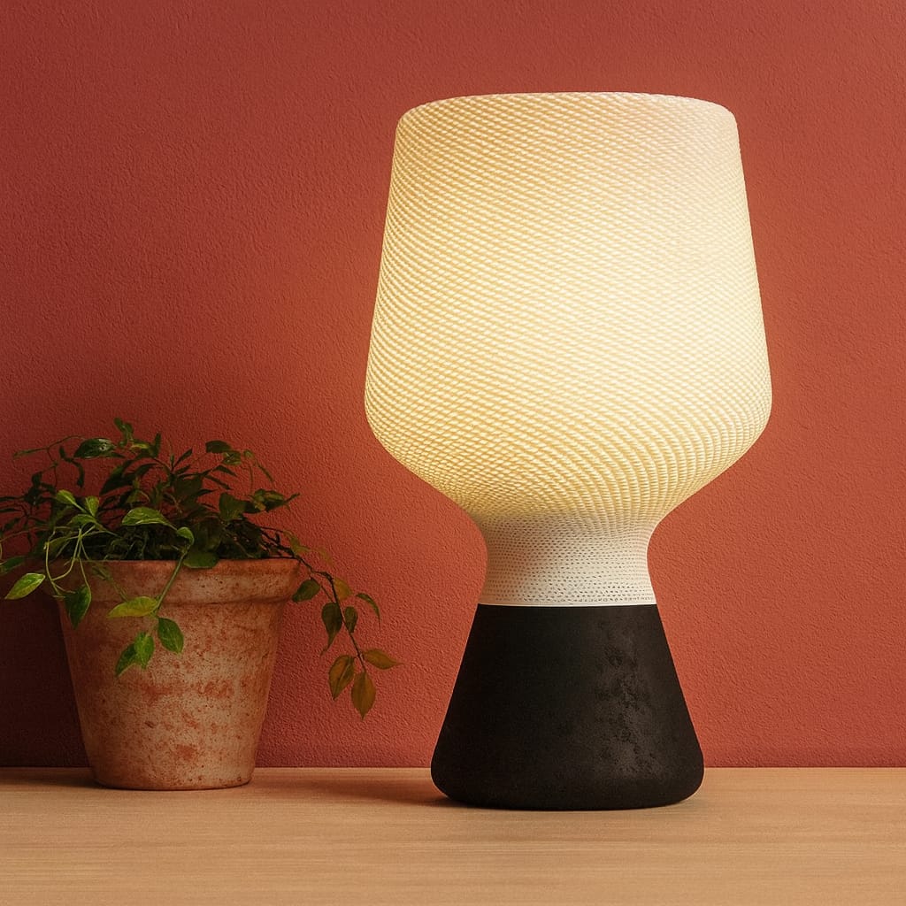 Table lamp with a textured white shade and black base next to a potted plant on a wooden surface with a red wall background.