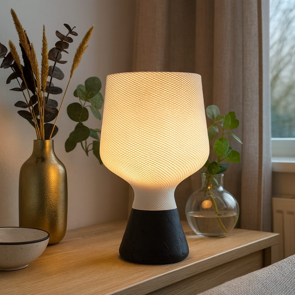Lamp on a wooden surface with decorative elements in a home setting
