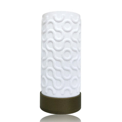 White textured cylindrical table lamp with a brown base on a white background
