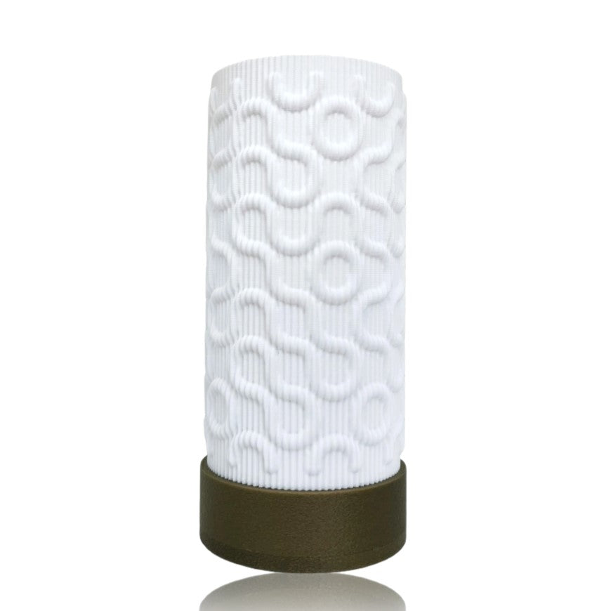 White textured cylindrical table lamp with a brown base on a white background