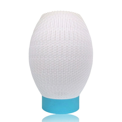 White textured lampshade with a blue base on a white background