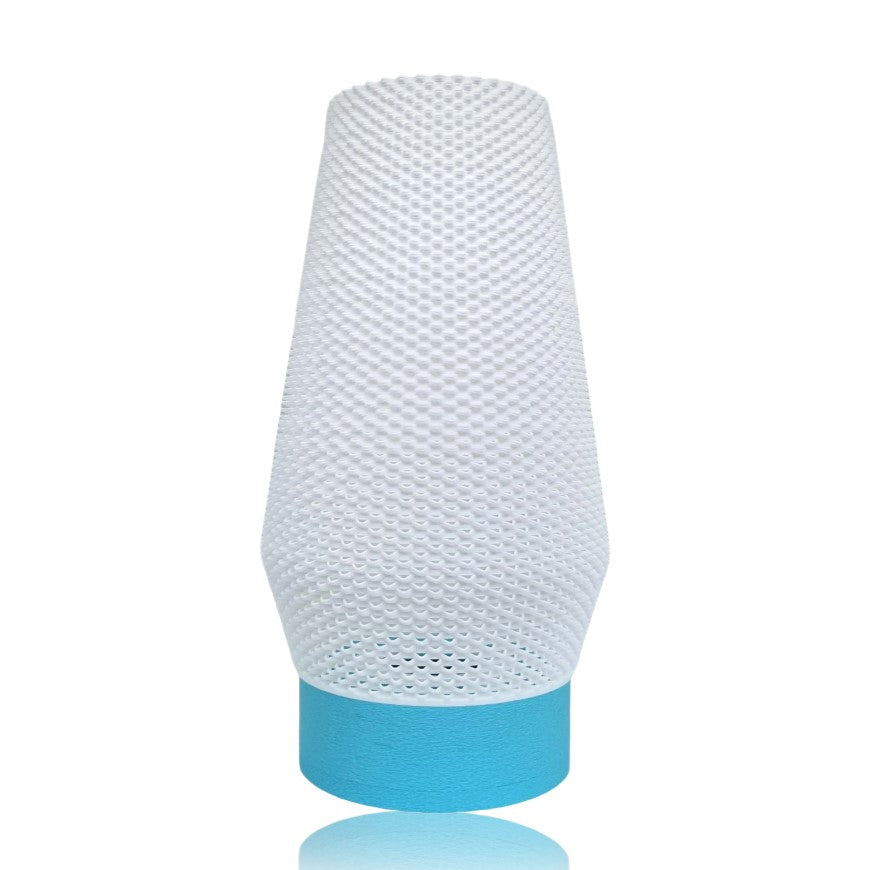 Textured white table lamp with blue base on a white background