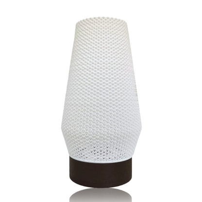 White textured table lamp with a brown base on a white background