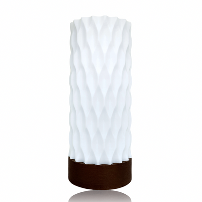 White textured table lamp with brown base on a white background