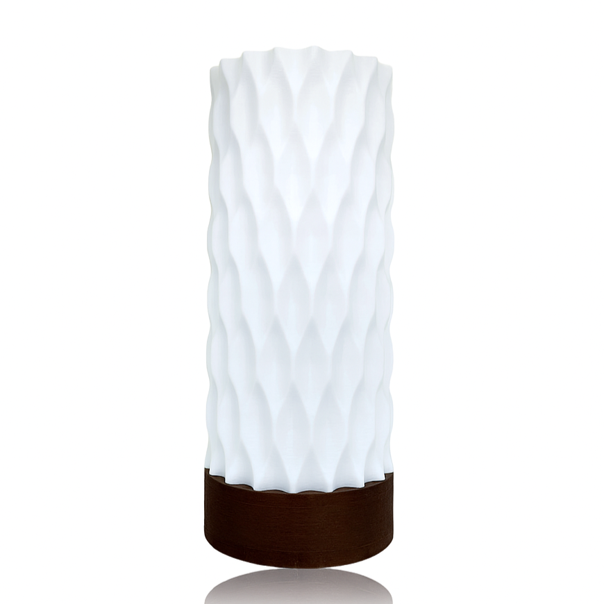 White textured table lamp with brown base on a white background